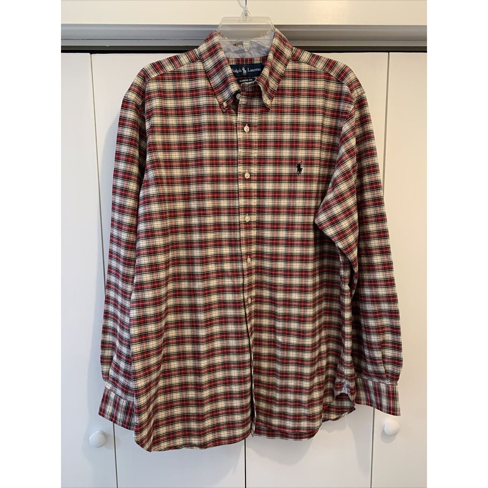 VTG Ralph Lauren Polo CLASSIC FIT Button Up Shirt ~ Sz L RED/BLACK/WHITE PLAID